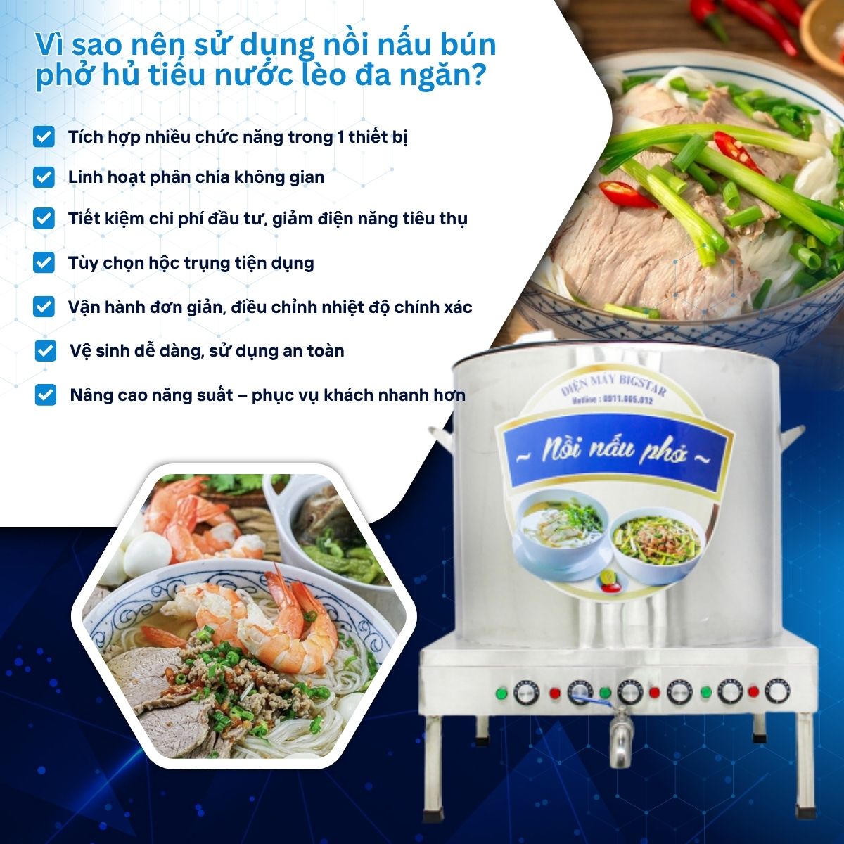 Nồi nấu bún phở hủ tiếu nước lèo 1 ngăn 2 ngăn 3 ngăn